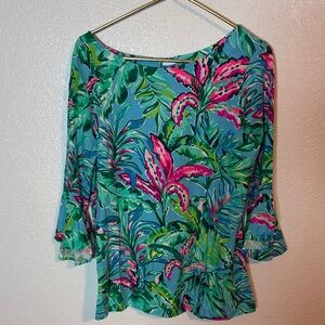 Lilly Pulitzer Essie Top Bondi Blue Tropical Bell Sleeve Tucans Size Large NWT